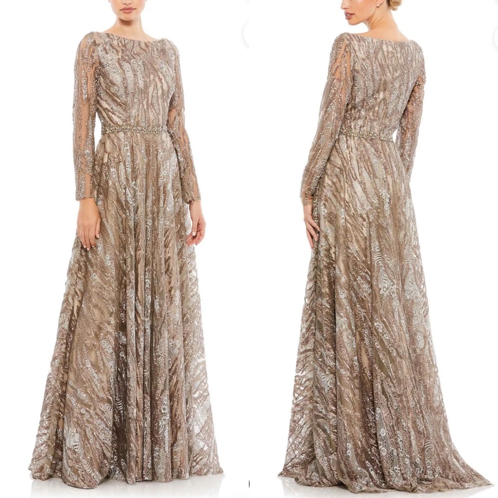 Mac Duggal New Sequin Long Sleeve BATEAU A Line Gown in Mocha